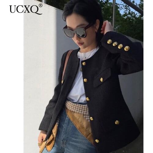 UCXQ Woman Tweed Jacket Pockets French O Collar Black Solid Long Sleeve Loose Ladies Style 2021 New Autumn Fashion 23XF362