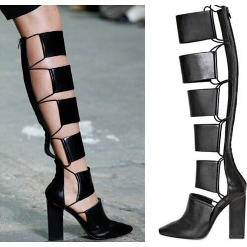 Fashion Woman Rectangle Cutout Elastic Knee Boots Chunky High Heel Pointed Toe Summer Long Booties Runway Black Leather Bottines