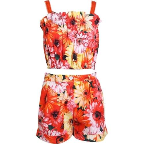 100% Cotton Womans Suit Fashion Runway Sunflower Print Sexy Halter Sling Top Short + Shorts Holiday Party Ladies Set
