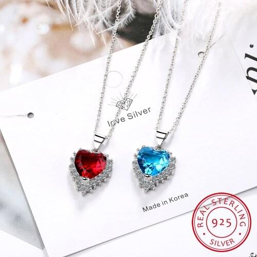 Classic Blue Red Heart Shaped Pendant Necklaces For Women 925 Sterling Silver Zirconia Chain Necklace S-N438