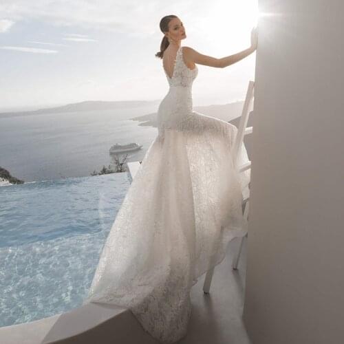 Sexy Deep V neck Mermaid Wedding Dress Appliques Lace Crystal Bandage Reserved Vestido De Noiva White Bridal Gowns