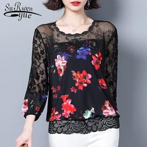 2021 Spring Fashion New Print Hollow Lace Sexy Women Tops and Blouses Chiffon Long Sleeve Black Ladies Tops Female 8150 50