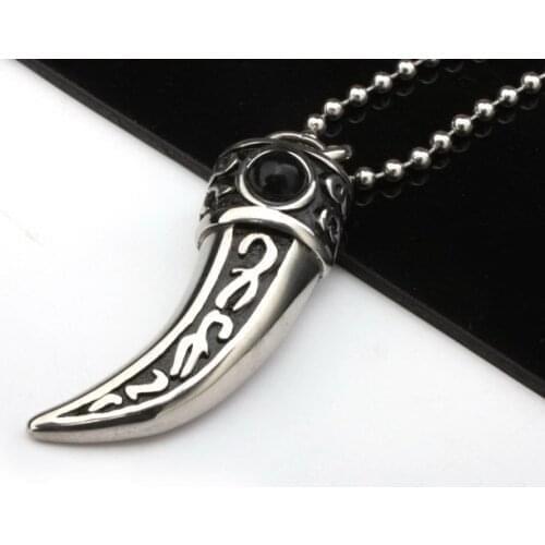 Fang style Pendant Necklace pure stainless steel studded with black gem stone, Teeth of Wolf Tiger Leopard Lion Beast Shape