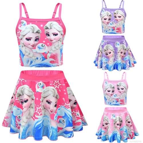 Disney Elsa Girls Swimwear Bikini Kids Swimsuit Childrens swimsuit set Frozen 2 halter vest+ skirt