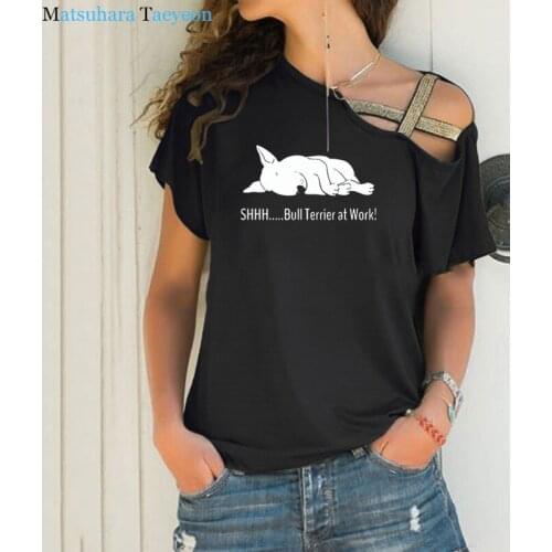 Bull At Dog Work woman t shirt Fashion Funny Tee Top Short Sleeve womens shirt 2020 T-Shirt Irregular Skew Cross Bandage Tshirt
