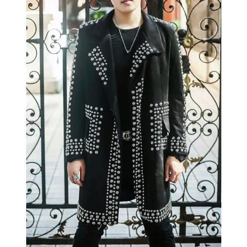 Hot Sell Heavy Industry Pearl Black Long Coat Tide Trench Mens Party Performance Clothes Singer Stage Costumes S-5xl