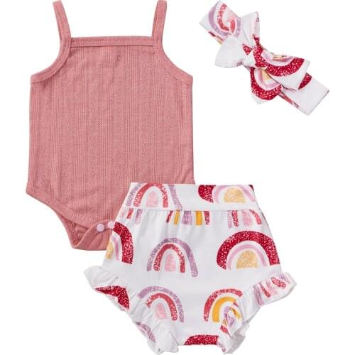 3Pcs Baby Newborn Summer Set Sleeveless Solid Romper High Waist Rainbow Print Shorts Hairband Infant Toddler Outfits 0-24M