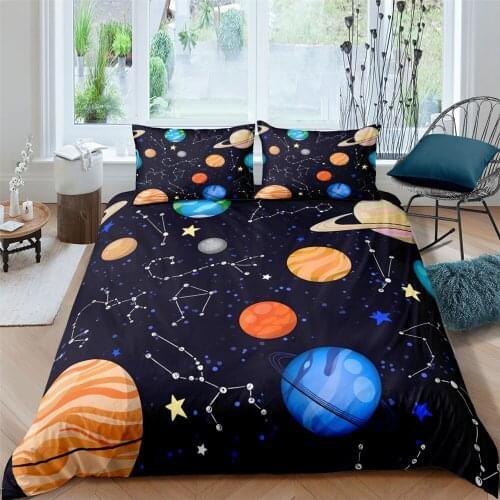Cartoon Cute Galaxy Outer Space Planet Printed Bedding Set Duvet Cover For KidsTeen King Single Full Twin Size Bedclothes