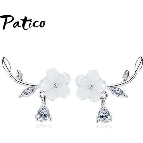 Korean Fashion 925 Sterling Silver Plum Blossom Leaf Flower Coquillage Stud Earrings For Women Piercing Cubic Zirconia Jewelry