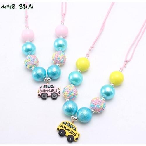 MHS.SUN fashion baby chunky bubblegum beads necklace with school bus pendant for girls kids diy rope chain necklace kids gift