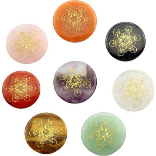 Natural Stone Oblate Flower of Life Symbol Chakra Yellow Tiger Stone Black Agate Fortune Telling Divination Stone Reiki Healing