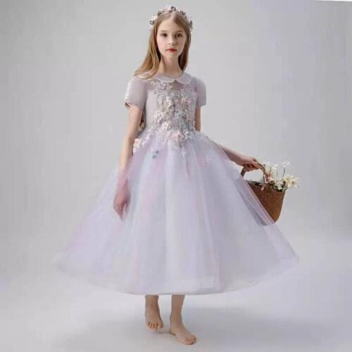 Flower Girl Dresses Illusion Short Appliques Crystal Pearls Embroidery O-Neck Princess Ankle-Length Tulle Kids Party Gown H496