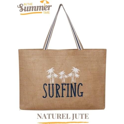 Surfing Printed Natural Jute Beach Shopping Bag Summer Fashion Hand Shoulder Storage Reusable Sheet Plage Bolsa Playa Strandtasche