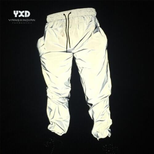 Drop shipping Reflective hip hop pants men joggers sweatpants mens streetwear night light shiny blink long pants for couples