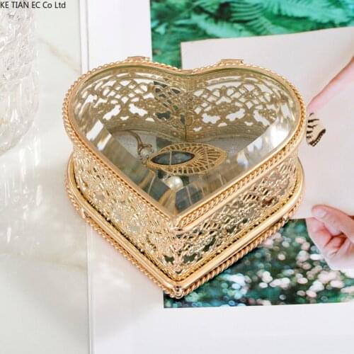 Luxury Metal Hollow Jewelry Box Heart-shaped Glass Storage Tank Ring Earrings Cosmetics Storage Home Decoration Exquisite Gifts