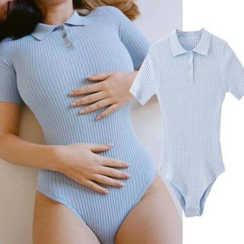 Sexy Polo Collar Knitted Bodysuit Women Blue short Sleeve Front Buttons Rompers Womens Jumpsuit Lapel Casual One-pieces Bodysuit