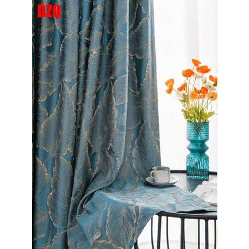 2021 New Blue Embossed Three-dimensional Gold Silk Leaf Curtain Modern Light Luxury Living Room Bedroom Blackout Satin Curtain