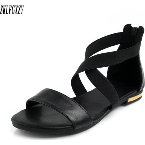 SKLFGXZY 2019 New arrival ladies' flat beach leather sandals 100% genuine leather, comfortable women sandals sizes 32-46