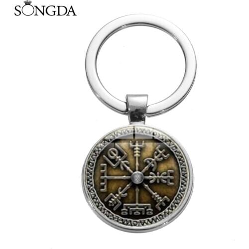 Vegvisir Viking Compass Keychain Silver Plated Vintage Trinity Nordic Runes Odin Pattern Glass Dome Key Ring Men Jewelry