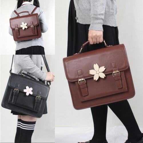 Japanese Sweet Lolita Backpack JK Uniform High School Bag Sakura Buckle Handbag Shoulder Bag PU Leather Bag Big Gift Brown Black