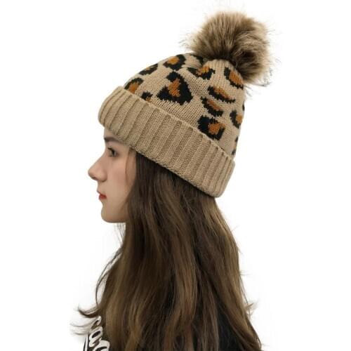 Caps Women Winter Leopard Print Skullcap Plush Lined Knitted Hat Outdoor Warm Cap