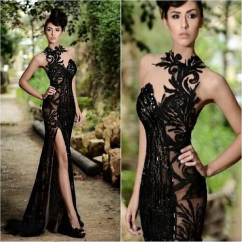 2019 Elegant Beading Split Prom Dresses Lace Appliqued High Neck Mermaid Sequins Long Prom Gowns Real Images In Stock