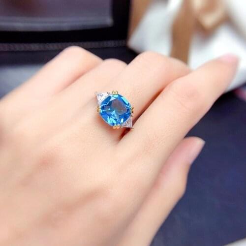 Fashion Big Gemstone Silver Ring for Party 10mm Natural Topaz Ring 925 Silver Topaz Jewelry Gift for Woman