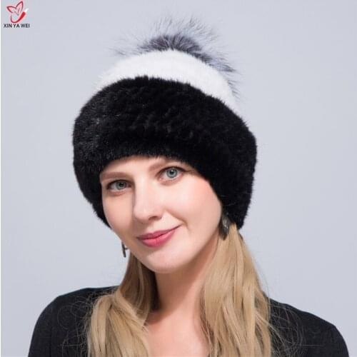 Winter womens ski fur hat hooded silver fox fur hat new warm knitted high quality fur mink hat hand-sewn texture