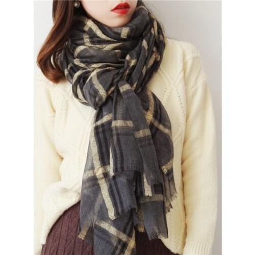 100% Cashmere Scarf Women Gold Thread Plaid Long Scarf Women Retro Checked Autumn Winter Spring Fashion Lady Scarf Shawl