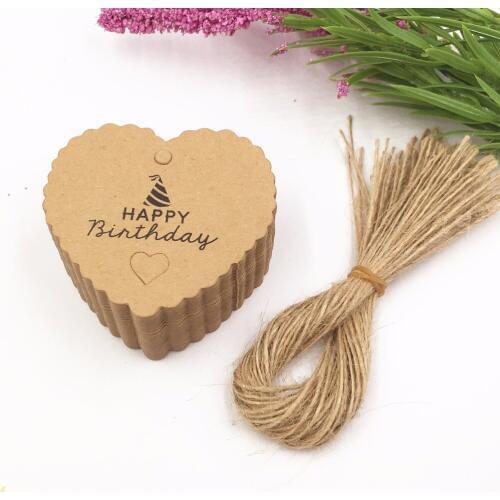 100pcs Happy birthday Cards Wedding Gift cake box Packaging Label Brown Kraft Paper love hearts tags+100pcs strings