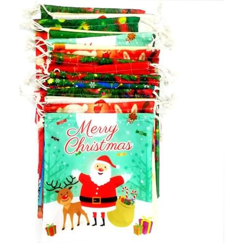 12pack Stock Christmas Gift Bags Storage Drawstring Ployester Bag Santa and Reindeer Canvas and Xams Decoration NO5234
