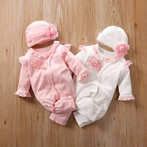 ABEBE Newborn Baby Girl Lace Flower Ruffle Romper Cute Infant Pajamas Pink Jumpsuit Bodysuit Outfit Clothes Birthstone Gift