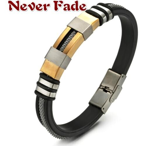 Stainless Steel Bracelet Men Wrist Band Black Grooved Rudder Silicone Mesh Link Insert Punk Wristband Stylish Casual Bangle