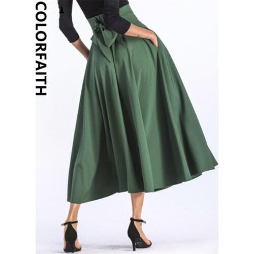 Colorfaith 2021 Women Slit Long Maxi Skirt Vintage Ladies Fashion Pleated Flared Pockets Lace Up Bow Plus Size 4XL Skirt SK8831