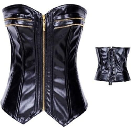 Cheap Faux Leather Corset Steampunk Brocade Corset Women Front Zipper Black Lace Up Overbust Waist Trainer