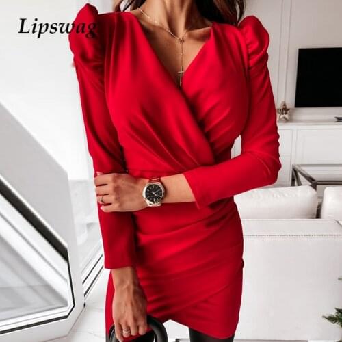 Elegant Fashion Office Ladies Solid Mini Dress 2021 Spring Sexy Women V-Neck Party Dresses Long Sleeve Puff Shoulder Slim Dress