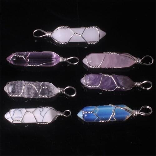 24 PCS Natural Stone Quartz Crystal Opal Snowflake stone Hexagonal Column Pendulum Pendant Winding Necklace Jewelry Pendants