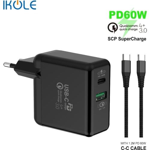 IKOLE PD60W Fast Charging+QC SuperCharge 22.5W Type-C PD3.0 USB Charger for Quick Charge Support QC4.0 4+ QC3.0 AFC Mobile Phone