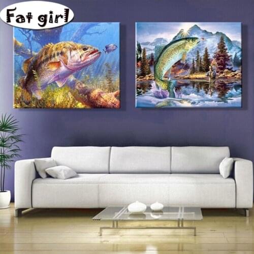 Diptych Diamond Painting Fishing Diy 5D Cross Stitch Natural Scenery Embroidery Mosaic Full Square Round Drill Wallpaper Decor