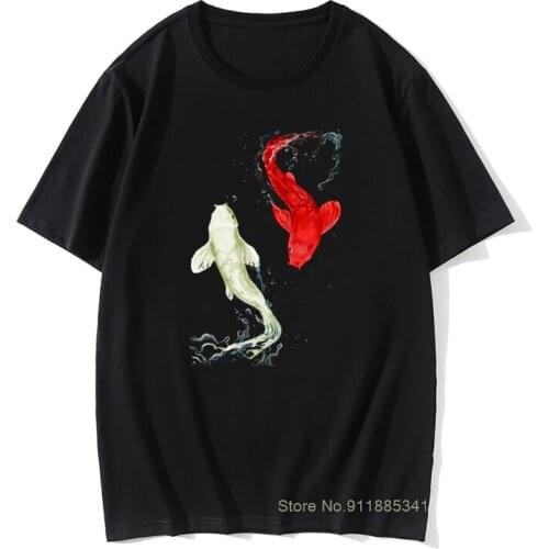 Koi Fishes T-shirt For Man Lucky Humorous Gift T Shirt Black Tshirt Unique Asian Style Tops Tees Yin Yang Tops Tees Funny