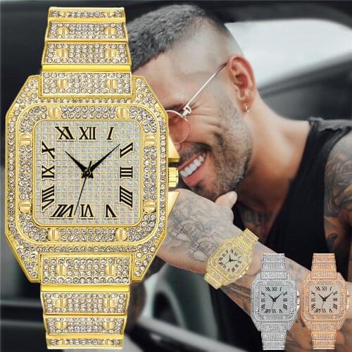 Mens Luxury Watches Rhinestone Roma Dial Square Quartz Watch for Men Stainless Steel Wristwatches Relogio Masculino