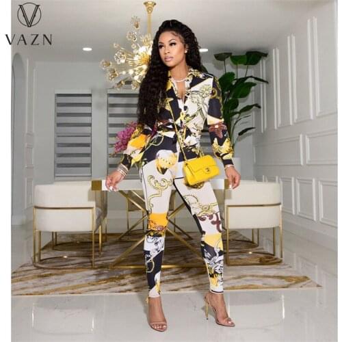 VAZN 2021 spring women new street casual style sets long sleeve lapel top elastic long pants printed two piece sets