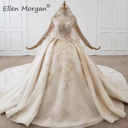 Luxury Long Sleeves Princess Ball Gowns Wedding Dresses Real Photos Lace Crystal Open Back Saudi Arabian Elegant for Bridal 2020