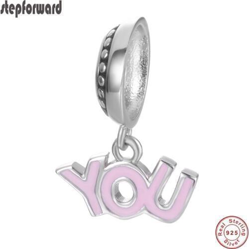 YOU Design Pink Enamel 925 Sterling Silver Letter Hanging Pendant Charms Fit Silver Bracelets & Bangles 925 Silver Jewelry