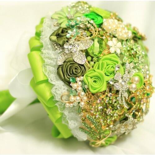Green brooch bouquet, advanced custom wedding bridal bouquet, lace rhinestones Bride 's Bouquet