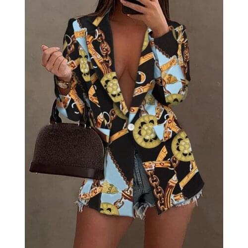 STYLISH LADY Geometric Printed Blazer 2021 Autumn Winter Women Long Sleeve Notched Single Button Elegant Office Lady Outwear