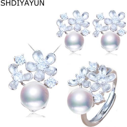 SHDIYAYUN Fine Pearl Jewelry Set 925 Sterling Silver Jewelry For Women Natural Freshwater Pearl Flower Ring Necklace Earrings