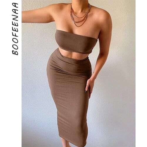 BOOFEENAA Elegant Bodycon Dress Sets Sexy Tube Top Long Skirt 2 Piece Matching Sets for Women Summer Club Outfits C70-BZ17