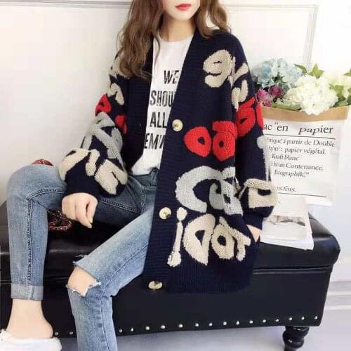2021 Womens Autumn and Winter Cardigan Sweater Female Loose Print Long Sleeve Knitted Jacket Sweaters Ladies V Neck Coats H589