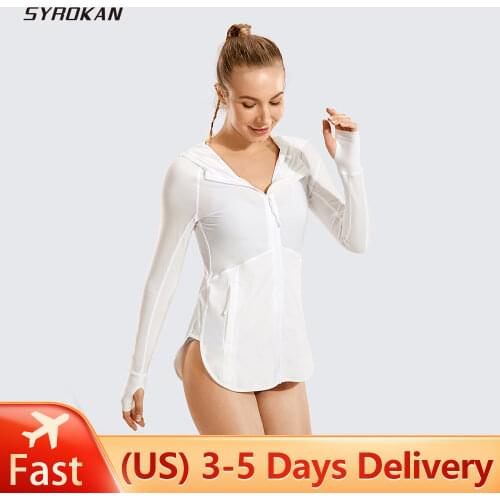 SYROKAN Womens Beach Swimsuit Surf Rash Guard Full Zip Up Hoodie Long Sleeves Workout Tops